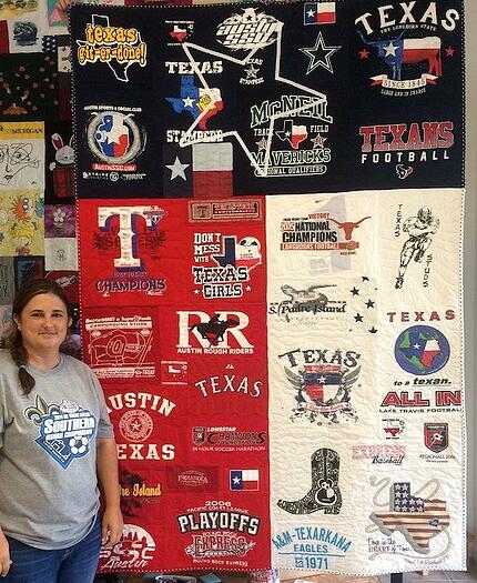 Texas T-shirt quilt is shape of Texas flag