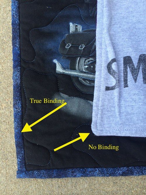 compare the binding of a T-shirt quilt with a blanket