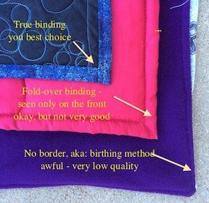 Types of Bindings used for T-shirt quilts as seen from the back..
