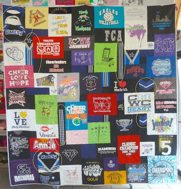 Cheer outfits used in a T-shirt quilt by Too Cool T-shirt Quilts