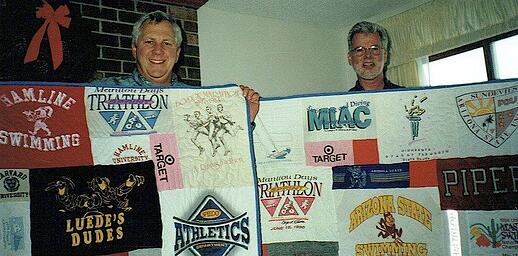 Larry's friends with their T-shirt quilts