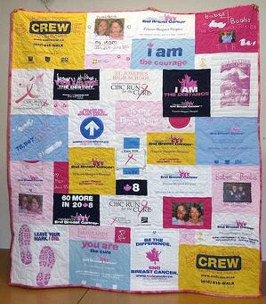 memorial quilt with photos and T-shirts