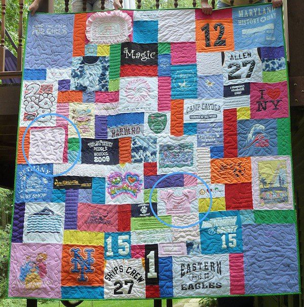 graduation T-shirt quilt with baby blanket pieces