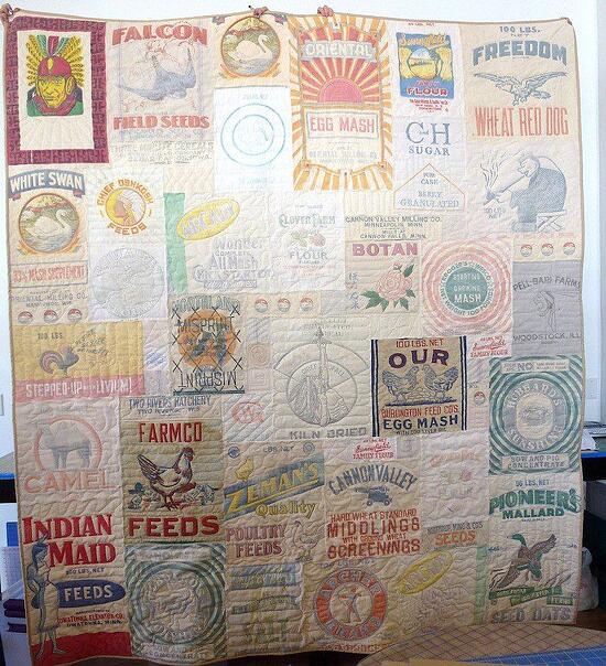quilt made from advertising feedsacks
