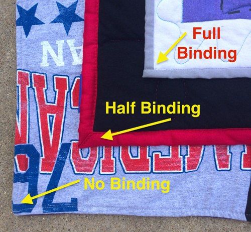 3 types of bindings used on T-shirt quilts