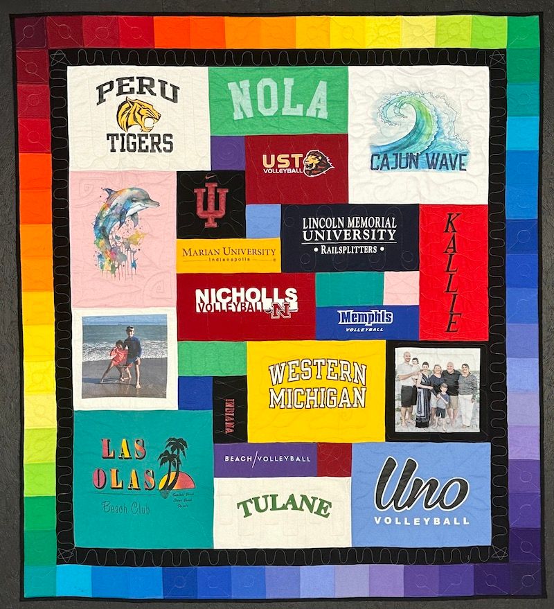 Too Cool T-shirt quilt with ROY G BIV rainbow border