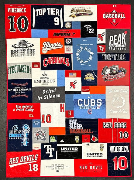 Quilt made from baseball caps and T-shirts by Too Cool T-shirt Quilts