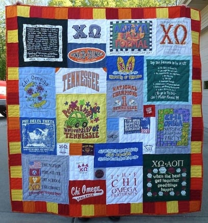 Chio O Sorority T-shirt quilt remade from a bad T-shirt quilt attempt. 