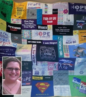 Heather and the memory quilt her parents made of her T-shirts