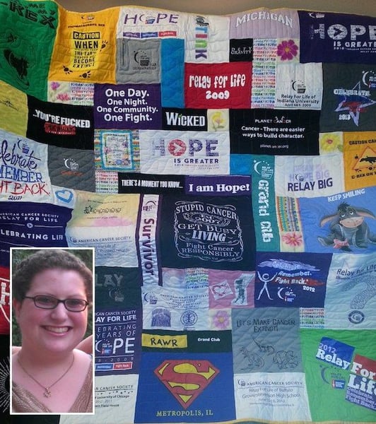 Heather and her memory quilt by Too Cool T-shirt Quilt