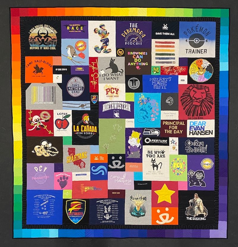 High School T-shirt quilt with a rainbow border