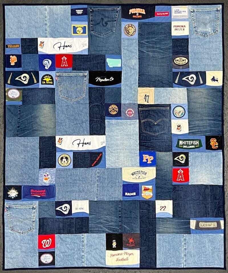 Jeans and baseball hats quilt made by Too Cool T-shirt Quilts