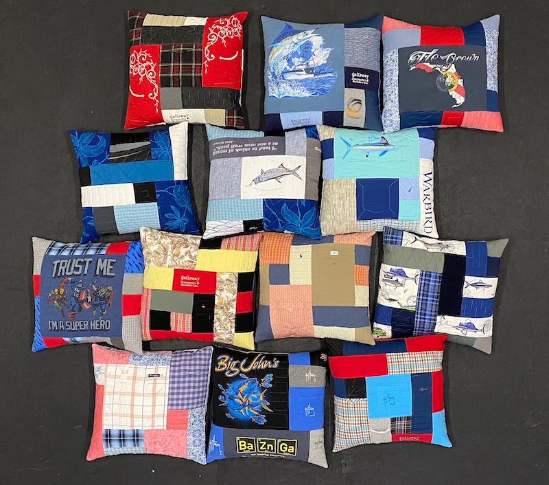 Memorial - big group of clothing pillows by Too Cool T-shirt Quilts