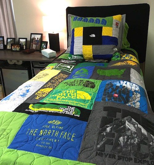 Northface T-shirt quilt on dorm bed