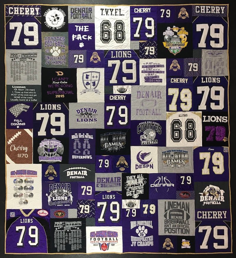 A very cool T-shirt quilt made with football jerseys and T-shirts