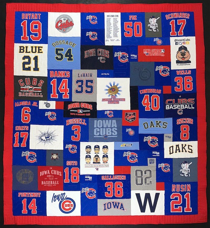 A baseball player's quilt with his numbers. by Too Cool T-shirt Quilts