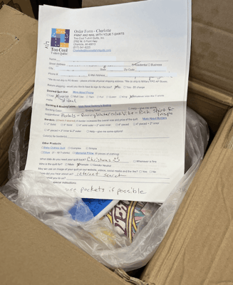 Order form in the box ready for a Too Cool T-shirt Quilt