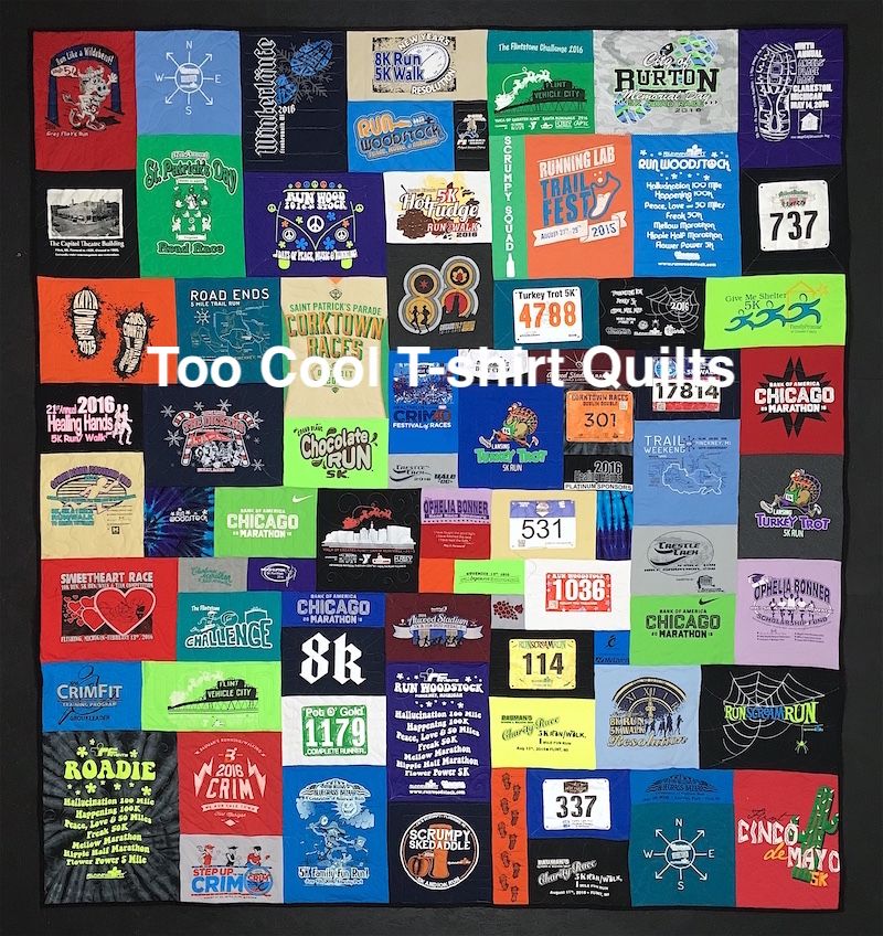 This is a T-shirt quilt made from a runner's T-shirts and race bibs. 