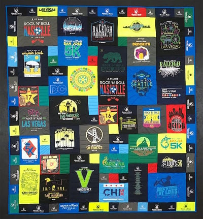 Rock’n’Roll Marathon races used in the border of this T-shirt quilt