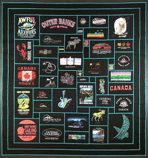 Stained-glass style travel T-shirt quilt, all black T-shirts by Too Cool T-shirt quilts