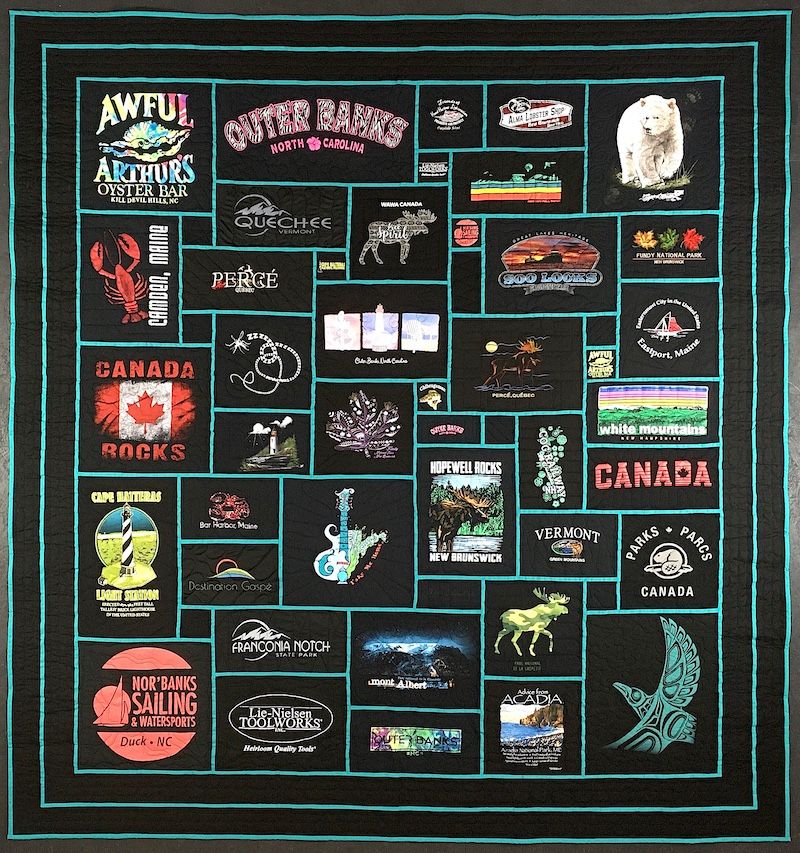 Travel T-shirt quilt, all black made with stained glass method