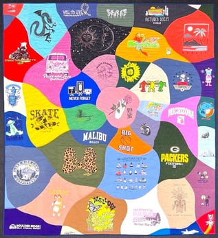 Twisting Bullseye style T-shirt quilt by Too Cool T-shirt Quilts