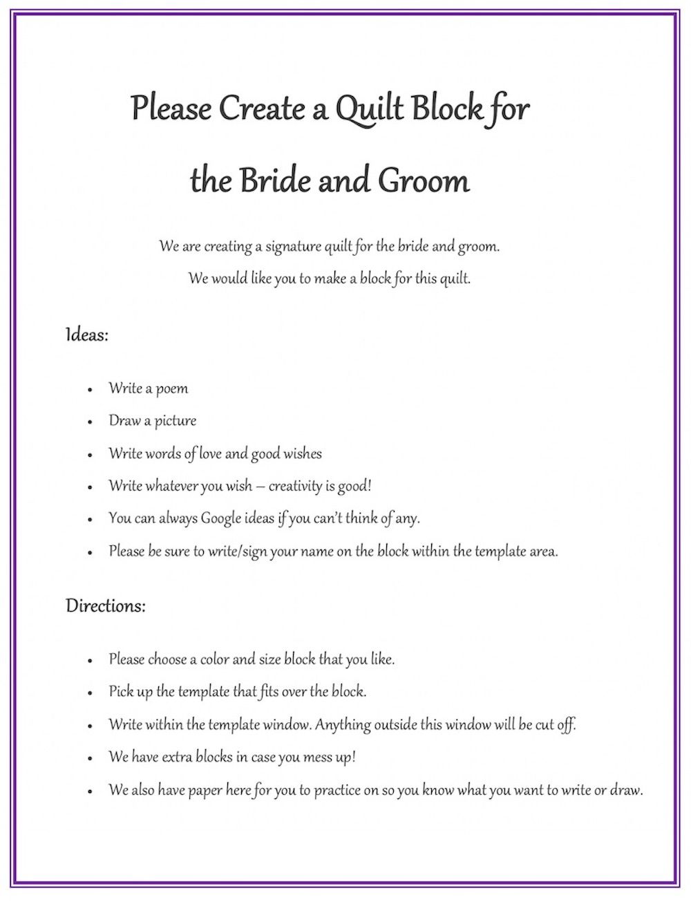 Wedding Quilt Directions example