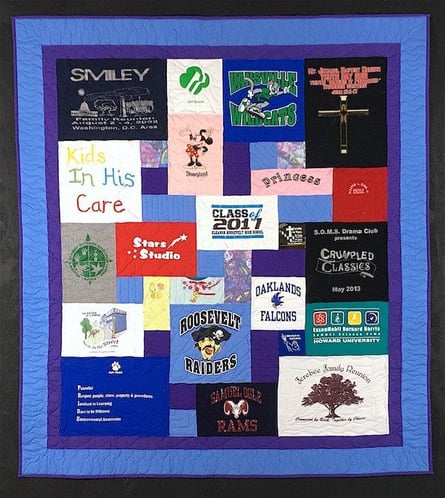 blue and purple border on a T-shirt quilt.