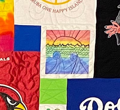 close up up kids artwork in a T-shirt quilt
