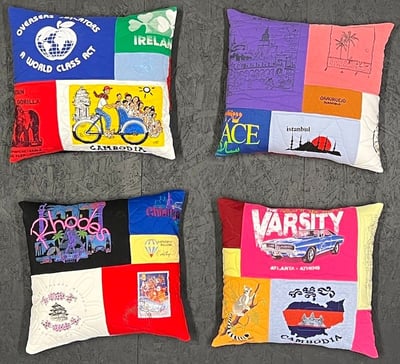 A group of 4 T-shirt Pillows by Too Cool T-shirt Quilts