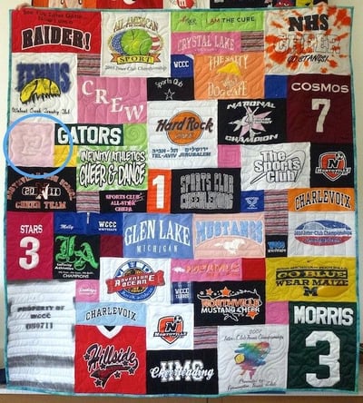 A piece of a baby blanket in a T-shirt quilt