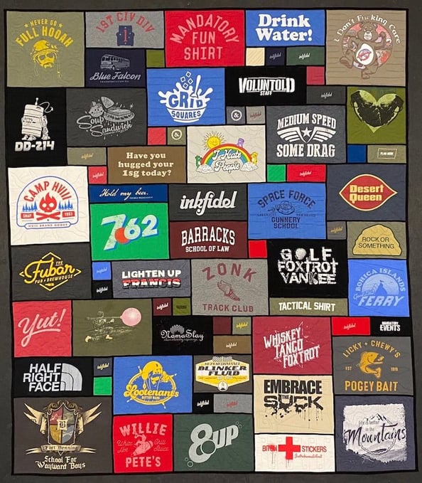 military funny stained glass T-shirt quilt by Too Cool T-shirt quilts