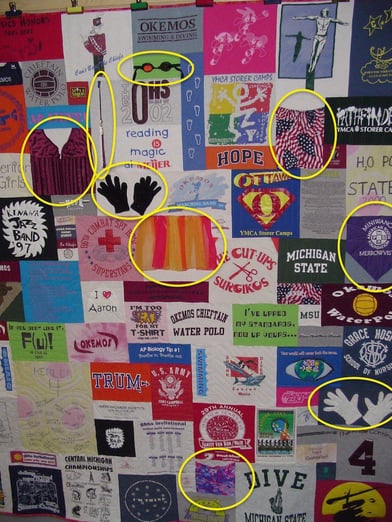 Some odd things used in a T-shirt quilt by Too Cool T-shirt Quilt