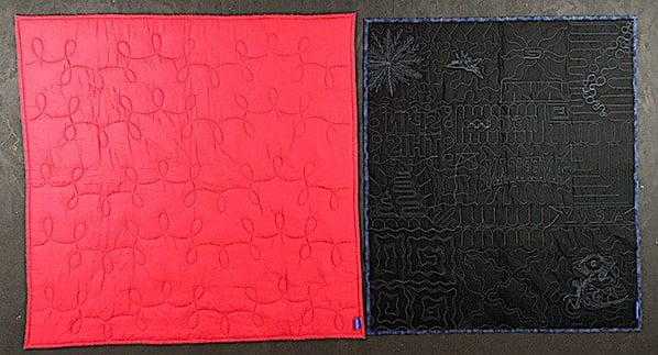 This photo shows the minimal quilting on a Campus Quilt compared to the full quilting done on a Too Cool T-shirt Quilt.