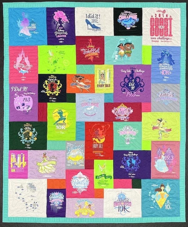 runDisney T-shirt quilt by Too Cool T-shirt Quilts. All the T-shirts are tech fabric