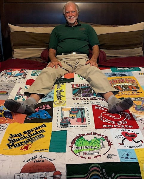 running quilt with very old T-shirts by Too Cool T-shirt Quilt