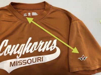We are able to figure out from the tag in this shirt that the logo on the sleeve is a ad that we don't want to use.