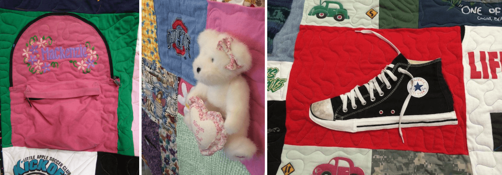Examples of what can be used in a T-shirt quilt - Backpack, teddy bear & an shoe