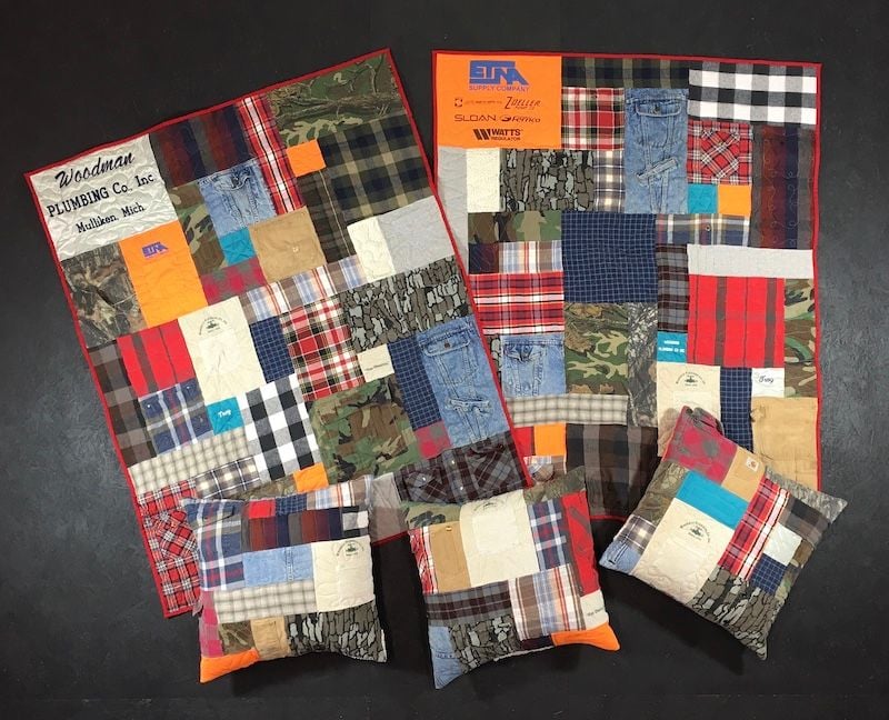 Memorial quilts and pillows of plaid and T-shirts