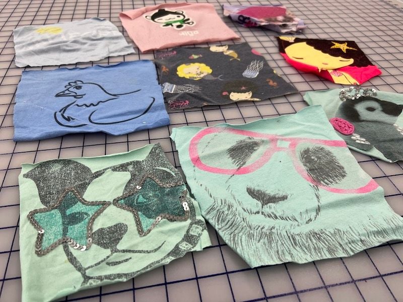 Examples of T-shirt that have already been cut with another quilt system in mind.